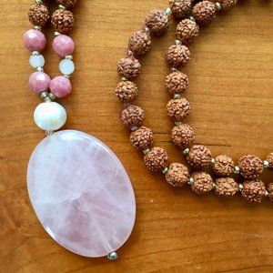 Rose Quartz and Rudraksha Bead Mala Necklace